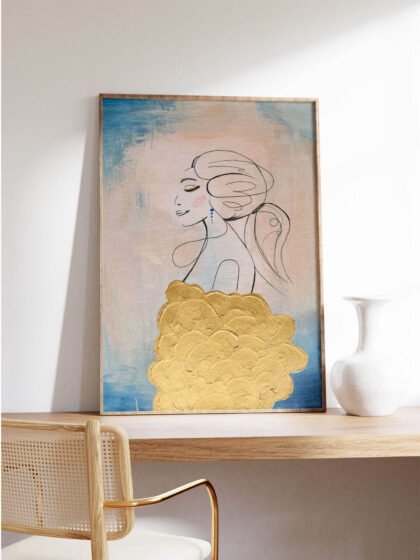 artwork framed wooden frame blue gold