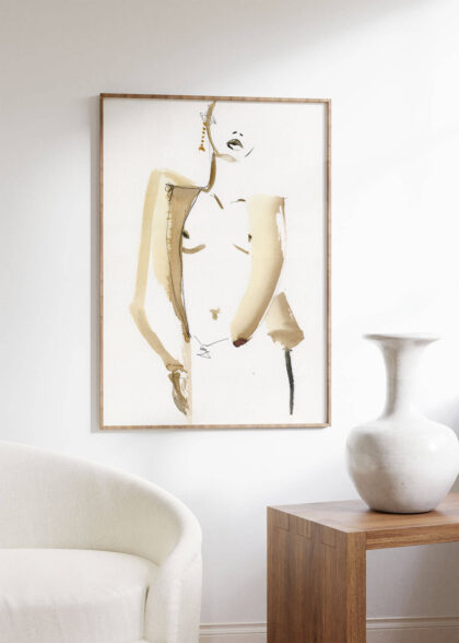 Anna x bel abstract vrouwelijk kunstwerk met beige tinten in houten lijst