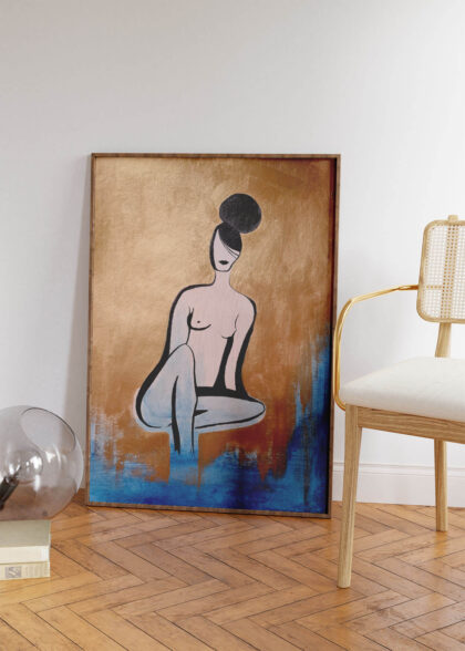 Anna x bel gold painting with gold and blue in wooden frame